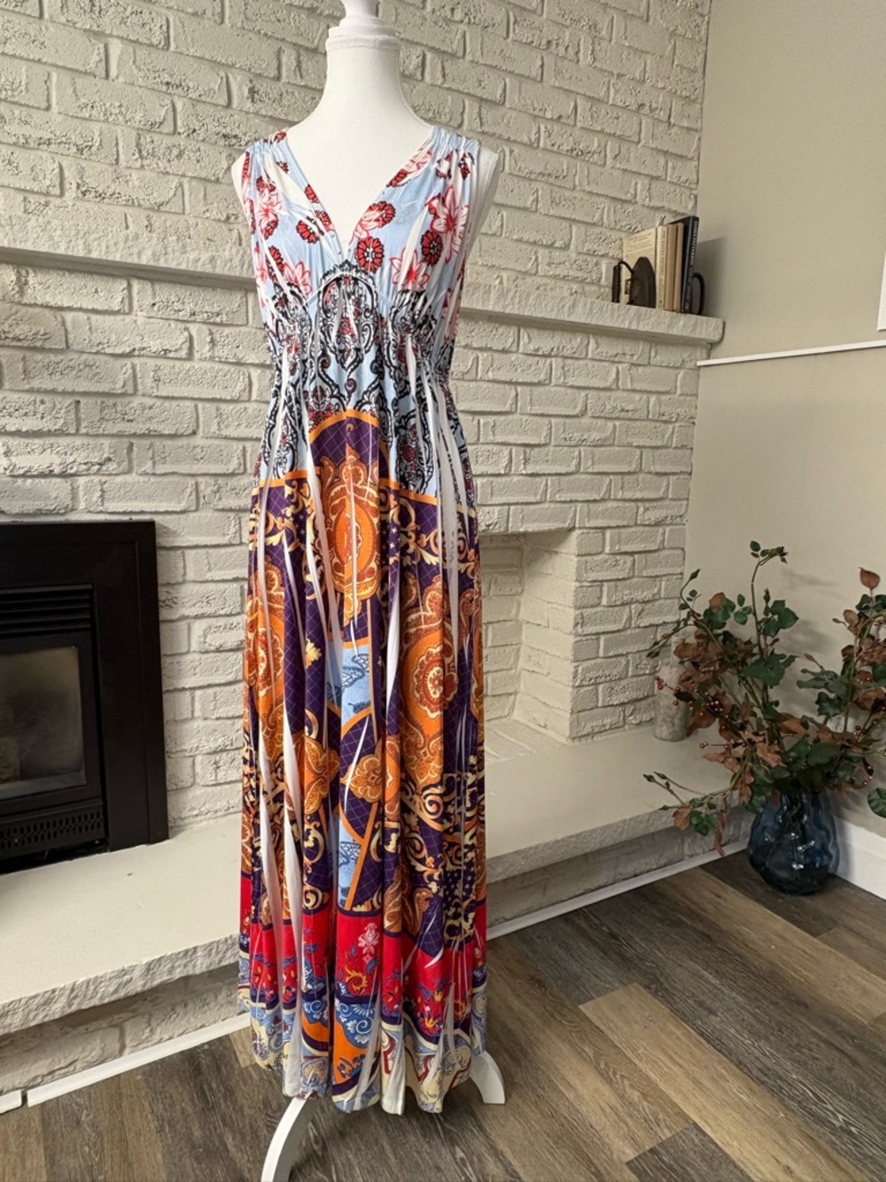 One World Boho Mixed Print Sleeveless Maxi Dress Paisley Patchwork VNeck Large